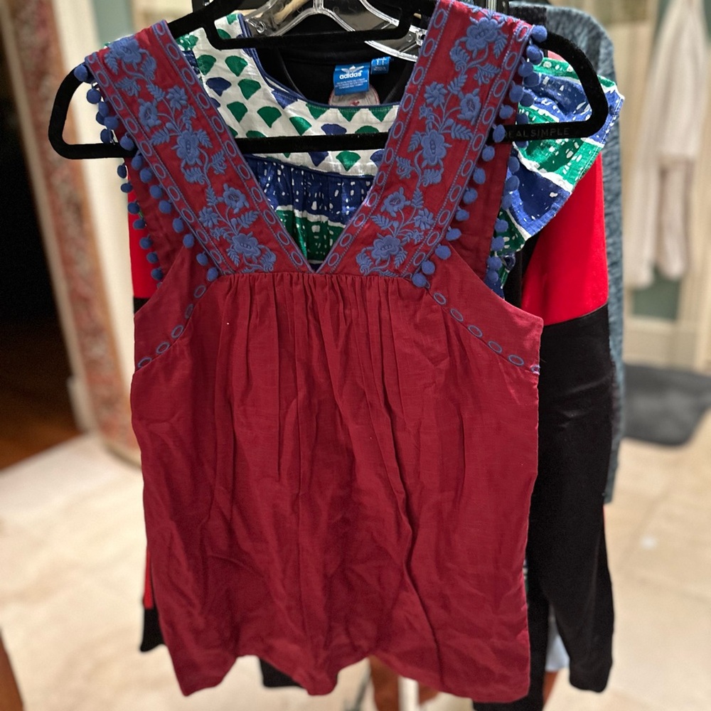 J Crew red cotton tunic with blue embroidery and pompoms size 0, great shape